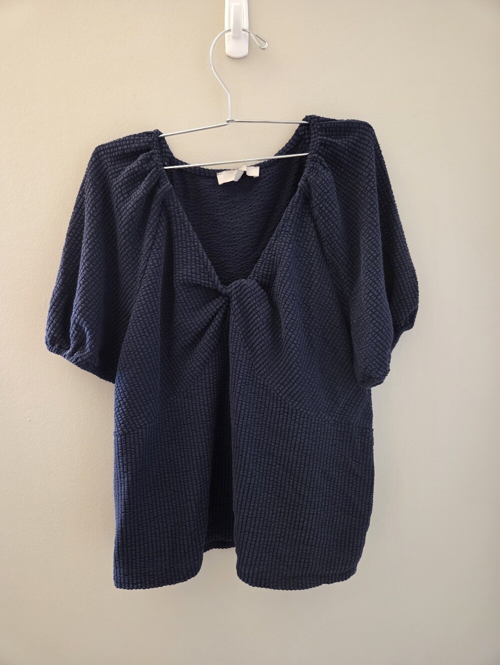 LOFT Navy Textured V-Neck Front-Knot Puff Sleeve Tunic